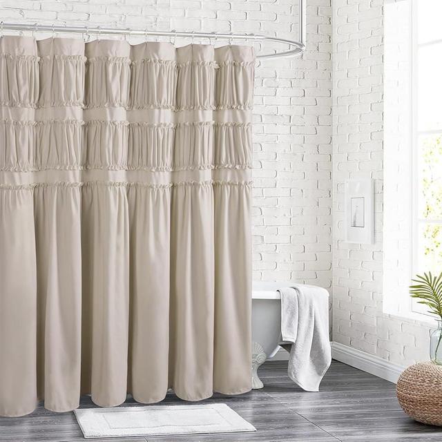 Homechoice Decor Ruched Ruffled Shower Curtain 72" W x 72" H, Beige Microfiber Rustic Decorative Bath Curtain for Bathroom, Farmhouse and Boho Bathroom Décor, Machine Washable (LQ-38)