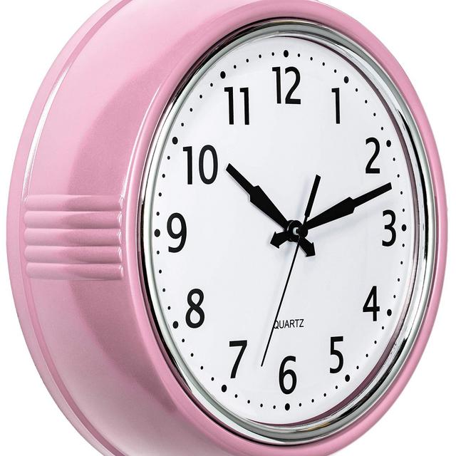 Bernhard Products Retro Wall Clock 9.5 Inch Pink Kitchen 50's Vintage Design Round Silent Non Ticking Battery Operated Quality Quartz for Home Office Baby Nursery Girls Room Classroom, Easy to Read