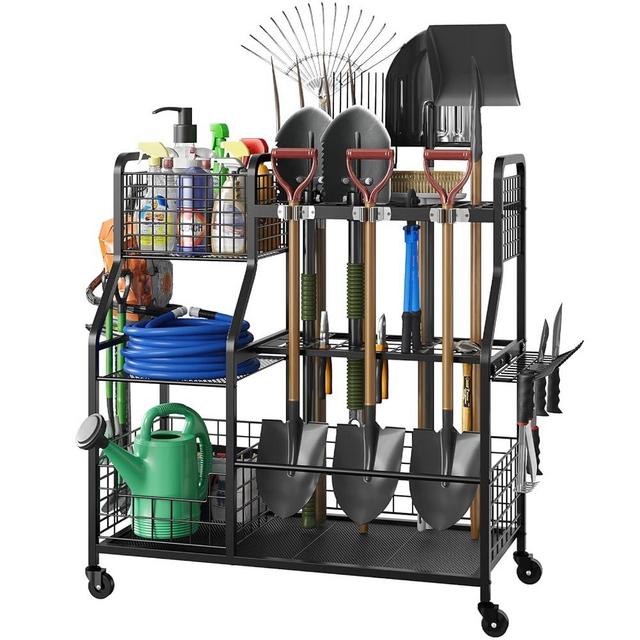 keomaisyto Garden Tool Organizer with Heavy Duty Wheels for Garage - with 2 Baskets, Large Yard Tool Organizer and Storage Holder, Utility Garden Tool Rack for/Shed/Garage/Yard/Basement/Lawn