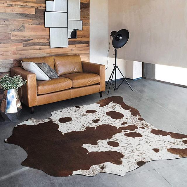 ULTRUG Cowhide Rug Faux Cow Print Area Rug for Bedroom, Faux Fur Animal Rug Cow Rugs for Living Room Non-Slip Cow Hide Carpet for Western Room Decor, White and Brown, 4.6ft x 5.2ft