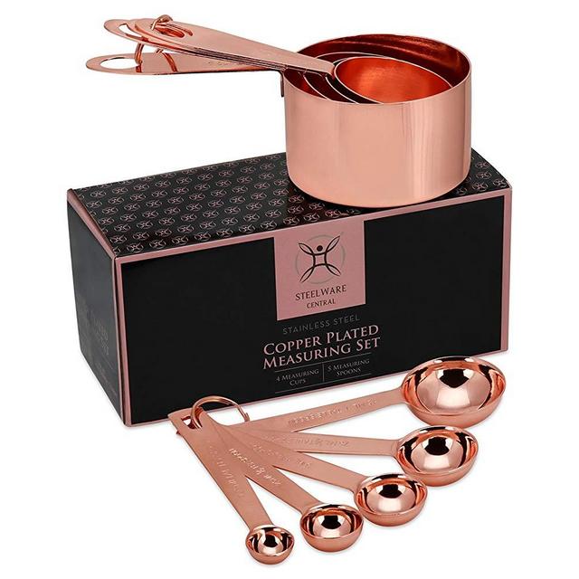 Copper Measuring Cups & Spoons 9pc set by Steelware Central | Stainless Steel Copper Plated | Rose Gold | Engraved Markings| Stack-able nesting baking/cooking kitchen tool |Perfect Gift