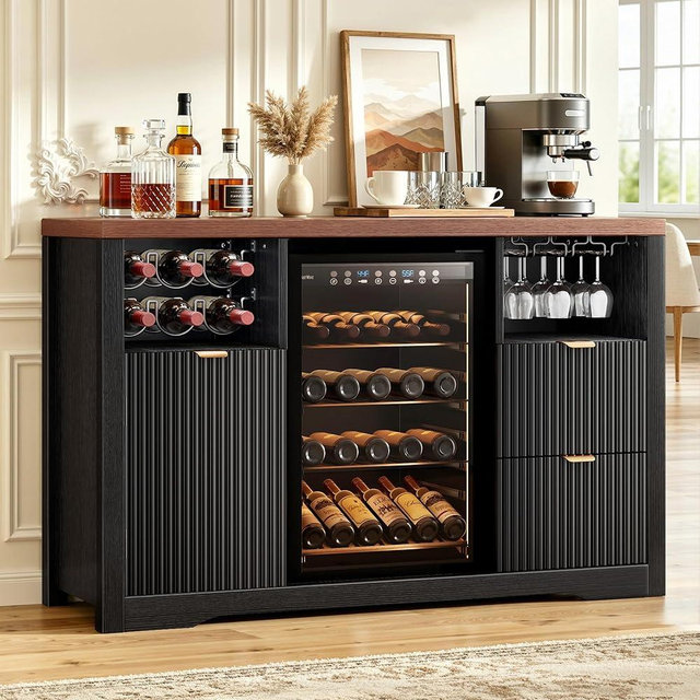 Leteuke Coffee Bar Cabinet with Fridge Space, 53" L Kitchen Wine Cabinets with Storage Drawer, Wood Buffet Sideboard Table Station, Fluted Liquor Cabinet with Wine Rack for Home, Living Room-Black