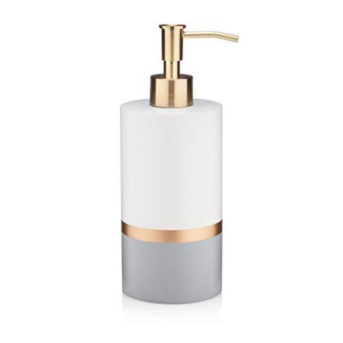 Essentra Home Day and Night Collection White and Grey with Gold Stripe Liquid Soap Dispenser with Brushed Metal Gold Pump for Bathroom, Bedroom or Kitchen. Also Great for Hand Lotion