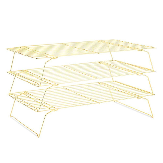 Cooling Rack for Baking 3 Tiers, 16" x 10" Cookie Cooling Wire Rack Stackable Collapsible Nonstick, Stainless Steel Baking Cooking Cooling Racks with Optimum Air Flow, Gold