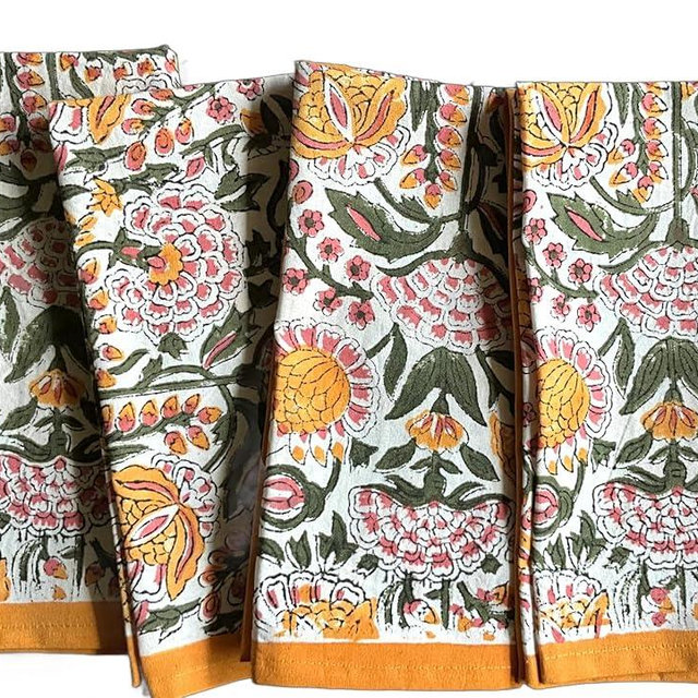 ATOSII Clover Yellow 100% Cotton Fall Cloth Dinner Napkins, 20 X 20 Inches, Floral Handblock Print, Set of 4, Washable Durable Linen for Everyday Use Wedding Parties Outdoors Christmas Thanksgiving