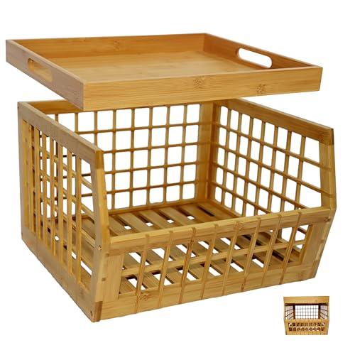 altCooking Hub Bamboo Storage Bin - Multipurpose, Stackable Open Front Storage Bin with Bamboo Serving Tray Lid for Kitchen & Pantry - Stylish Lattice Design