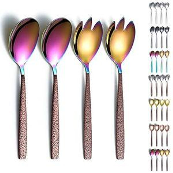 Evanda Salad Server Set 4 Pieces, Stainless Steel Serving Set With Brown Handle and Shiny Colorful Head, Spoon and Fork, Dishwasher Safe