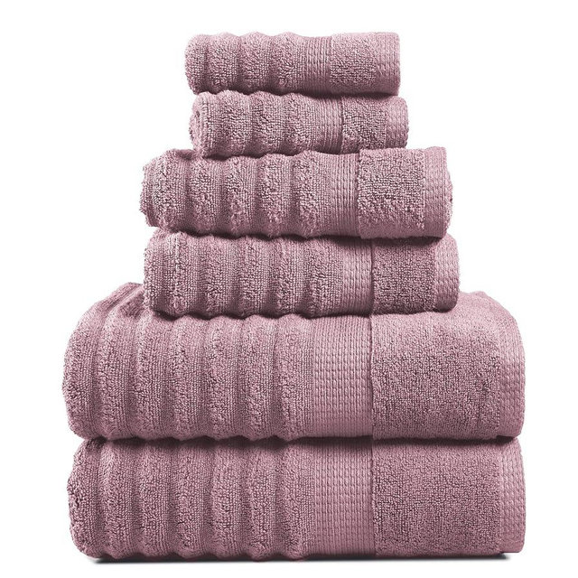 LANE LINEN 6-Piece Towel Set – 100% Cotton, Quick Dry, Zero Twist, Ribbed, Luxury Bath Towels, Includes 2 Bath Towels, 2 Hand Towels, 2 Washcloths, Premium Everyday Use - Wishful Mauve