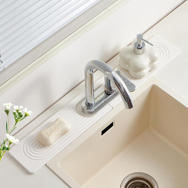 Faucet Mat for Kitchen Sink - 23.6"Super Absorbent Diatomite Fast Drying Stone Sink Tray Quick Drying Splash Guard Durable Protector for Kitchen Bathroom Counter（White.23.6" x 3.9"）