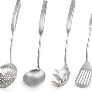 Newness 4 Pcs Cooking Utensils Set, 304 Stainless Steel Kitchen Utensils Set, Metal Kitchen Accessories, Include Soup Ladle, Slotted Skimmer Spoon, Spaghetti Spoon and Spatula, Dishwasher Safe