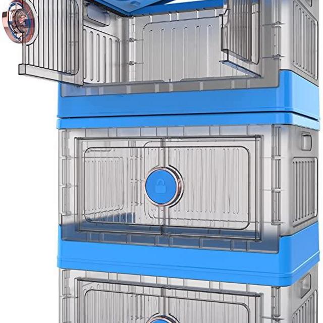 35L Lidded Collapsible Storage Bins, Plastic Folding Stackable Utility Crates, Storage Container Storage Box, Storage Bins with Lids and Wheels, Rotating to Lock and Unlock, 3-Pack,Blue
