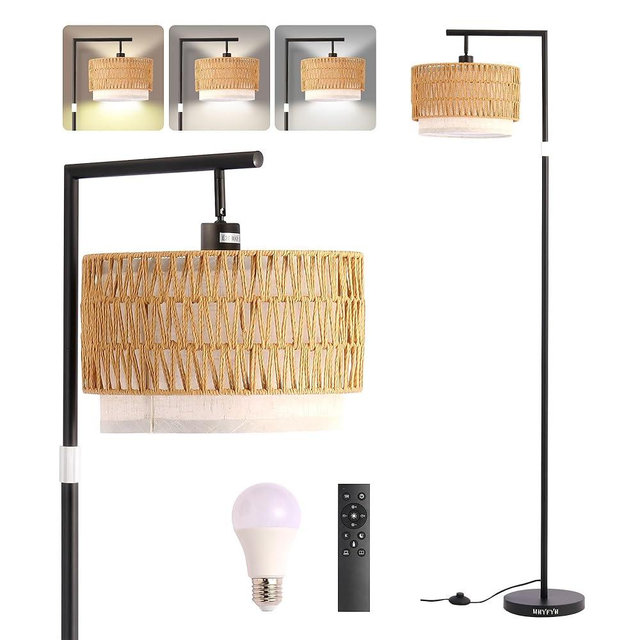 MHYFYH Boho Rattan Floor Lamp, Adjustable Height Bohemian Floor Lamps, Dimmable Standing Lamp with Remote Control, Rustic Lighting for Living Room, Bedroom, or Office (Brown, Round)