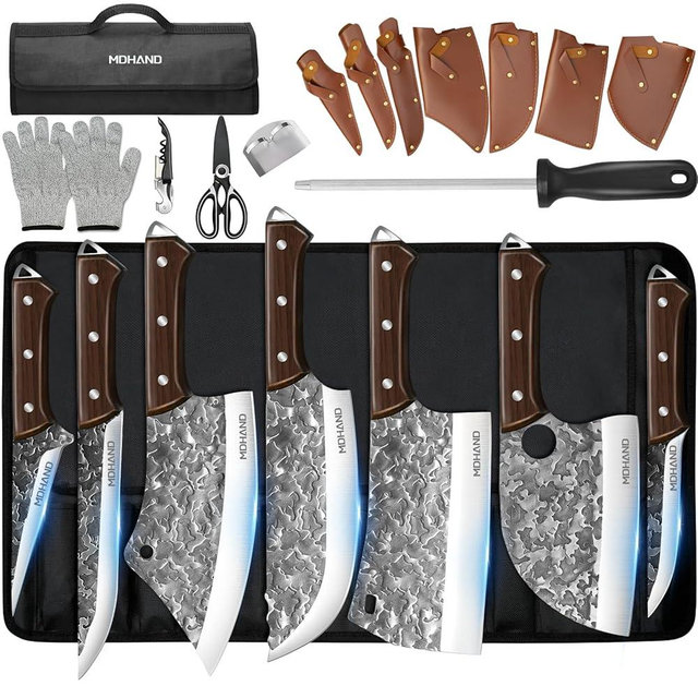 MDHAND Butcher Knife Set, 14PCS Hand Forged Butcher Chef Knife Set with Roll Bag, Heavy Duty Meat Cleaver, Fillet Knives, Meat Cutting Knife for Home Kitchen & Camping BBQ, Gifts for Men Women