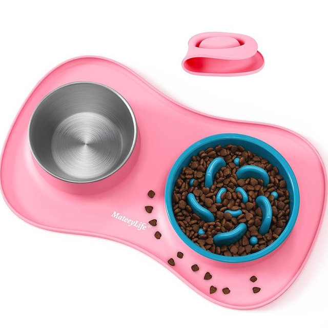 MateeyLife Dog Food and Water Bowl Set 3 in 1, Slow Feeder Dog Bowls & Stainless Steel Water Bowl with Non-Spill Silicone Mat, Cat and Puppy Bowls Pet Dishes for Small Medium Large Breed Anti-Choking