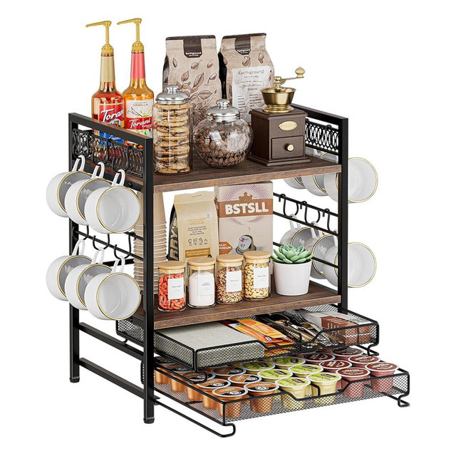 BSTSLL Coffee Bar Organizer, 4 Tier Coffee Station Organizer for Countertop, 30 K Cup Pod Drawer, Mug Cup Holder Stand With 12 Hooks, Multifunctional K Pods Shelf Storage Holder Drawer