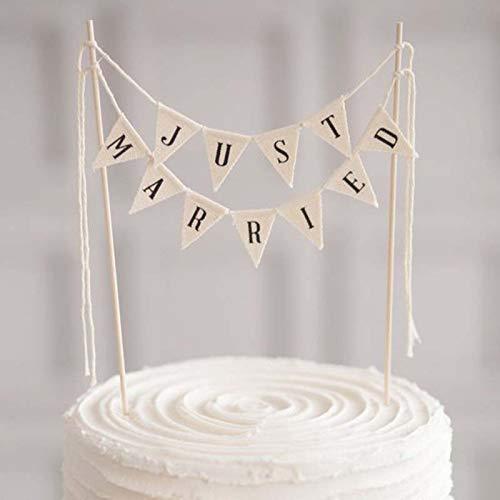 Wedding Cake Topper,Vintage Affair Rustic Just Married Wedding Cake or Cheese Bunting,Handmade Pennant Flags with Wood Pole Ivory(White)