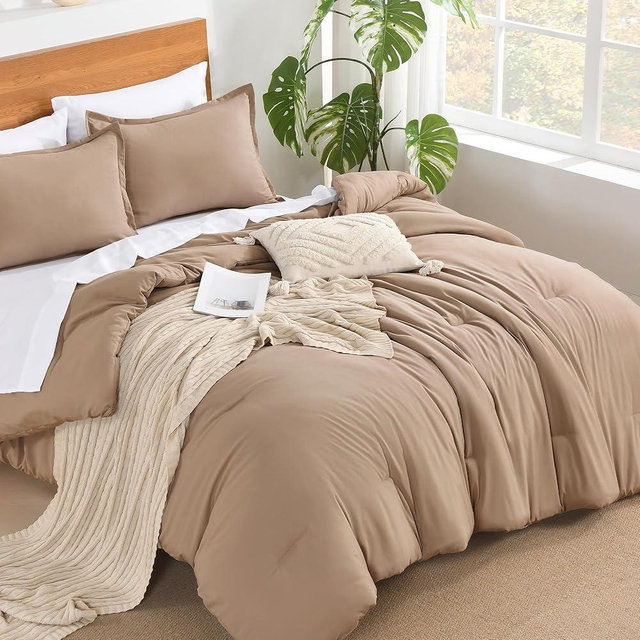 Andency Taupe King Size Comforter Set - 7 Pieces Khaki Tan Bed in a Bag King Bedding Comforter Sets, Summer Solid Soft Lightweight Comforter with Fitted Sheets, Flat Sheets, Pillowcases & Shams