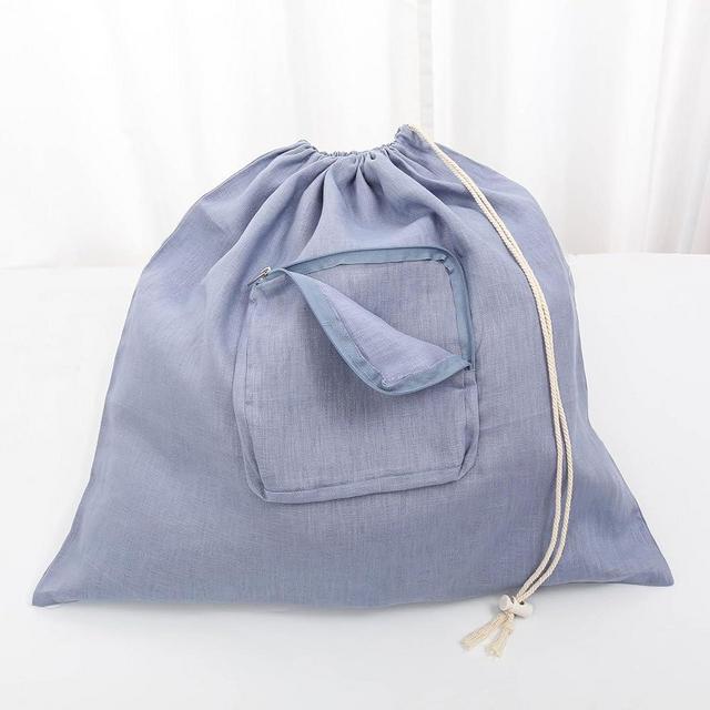 HSOFTIFY 100% Linen 21 * 23inches Travel Laundry Bag for Dirty Clothes with Front Pocket Wet Wash Bag for Baby Kids Underwear Suitcase Luggage Baby Strap to Stroller Compression Necessities, Denim
