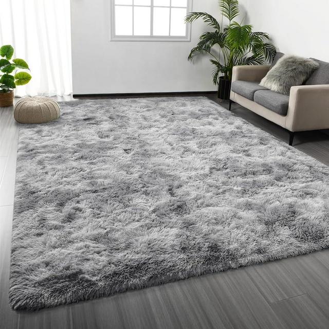Deerhoo Large Shag Area Rugs 6 x 9, Tie-Dyed Plush Fuzzy Rugs for Living Room, Ultra Soft Fluffy Furry Rugs for Bedroom, Anti-Skid Indoor Carpet Nursery Rugs for Kids Room Home Decor, Light Grey