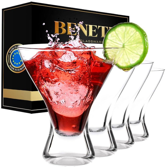 BENETI Martini Glasses Set of 4 | Made in Europe | 8oz Clear Stemless Cocktail Bar Glasses Set for Parties | Great Christmas Gift Idea for Men & Women for All Holidays or Birthdays