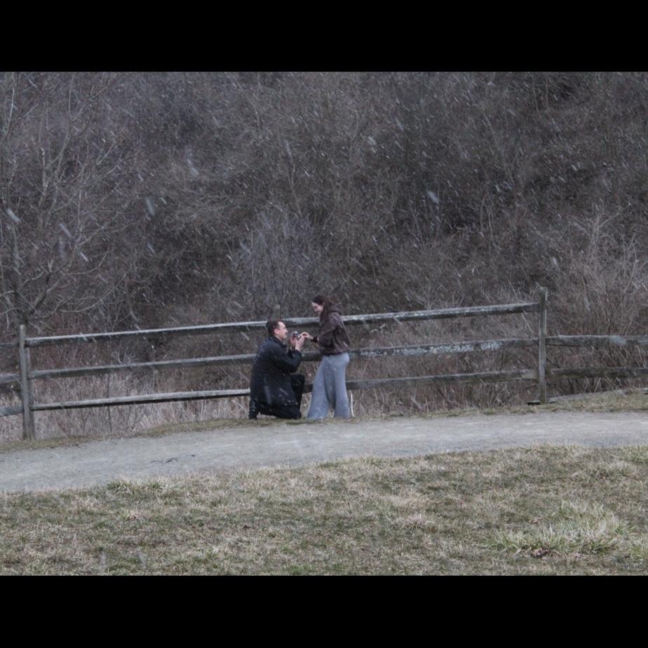 Trent took Jordan to where they had their first date and asked her to marry him! (Spoiler: she said yes!)
If you look closely you can see that she was wearing sweat pants, so she was very surprised.