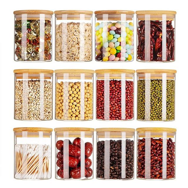 iTOKGOK Kitchen glass food storage jars/containers with bamboo lid, set of 12, perfect for storing coffee, tea, candy, nuts and rice with a perfect airtight seal with each use.