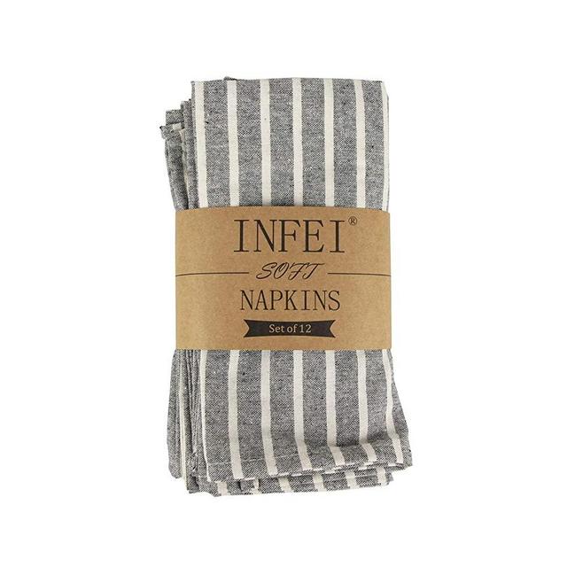 INFEI Soft Broad Striped Linen Cotton Dinner Cloth Napkins - Set of 12 (17 x 17 inches) - for Events & Home Use (Black)