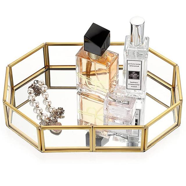 Hipiwe Mirror Glass Vanity Tray - Gold Ornate Makeup Tray Vintage Octagonal Perfume Tray Dresser Tray Jewelry Trinket Organizer Tray for Bathroom Storage Tray for Home Decor