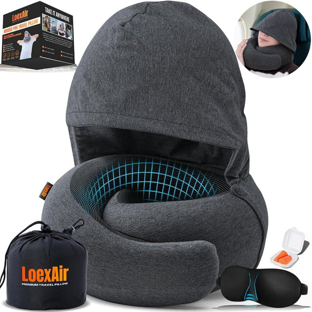 LOEXAIR™ Hooded Pro Travel Pillow - Memory Foam Neck Support Pillow for Airplane, Flight - Super-Soft Pure Cotton Fabric, Maximum Privacy & Light-Block Design, Lightweight Full Travel Kit - Dark Grey