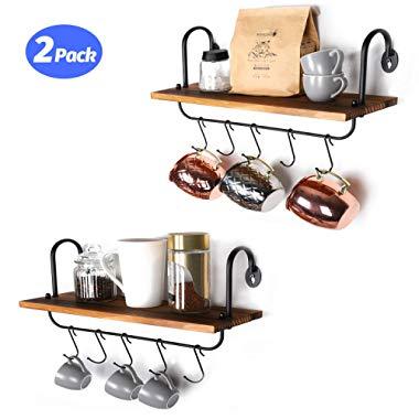 Olakee Wall Shelves with 10 Adjustable Hooks for Mugs Cooking Utensils or Towel at Kitchen Bathroom Coffee Nook Set of 2