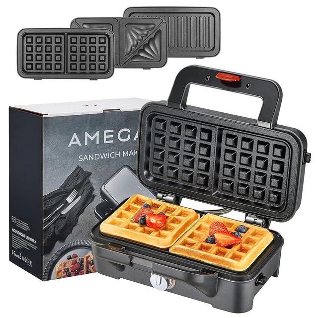 AMEGAT 3 in 1 Sandwich Maker, Waffle Maker with Removables Plates, Panini Press Waffle Iron Set with 5-gear Temperature Control, Non-stick Coating Cool Touch Handle Anti-skid Feet for Breakfast, 1200W