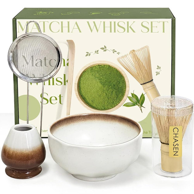 Cowcowcow Matcha Whisk Set, Complete Matcha Set with Matcha Whisk, Matcha Bowl, Sifter, Spoon, and Whisk Holder for Ceremonial Grade Matcha, Tea Gifts for Tea Lovers for Christmas, Birthday, Halloween