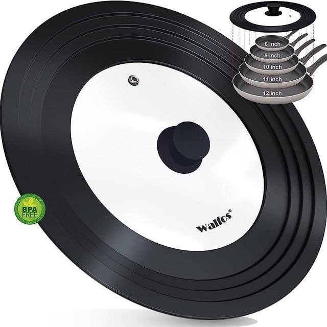 Walfos Universal Pan Lid - Pot Lid for Pots, Pans and Skillets, with Unique Enlarged Heat Resistant Silicone Rim and Tempered Glass, Fits 8" to 12" Diameter Cookware, BPA Free (1 Piece)