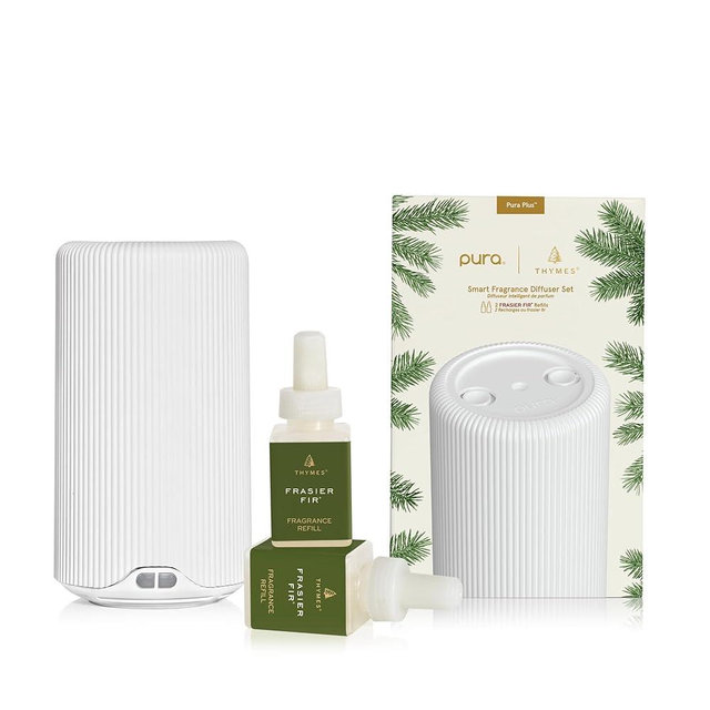 Thymes Pura Plus Smart Home Fragrance Diffuser Kit - Includes 1 Tabletop Pura Diffuser and 2 Frasier Fir Pura Refills - Notes of Siberian Fir, Cedarwood & Sandalwood