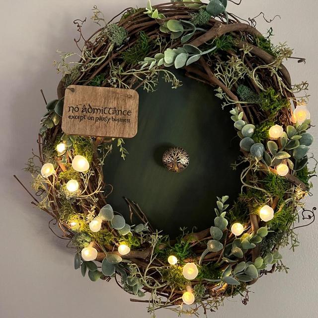 Hobbit Door Wreath with Light Up Mushrooms Fairy Door with Green Door and door knob with no admittance except on party business sign