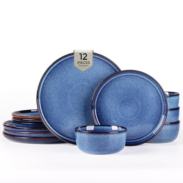 GBHOME Dinnerware Sets for 4, 12 Pieces Stoneware Plates and Bowls Sets, Scratch Resistant Ceramic Dishes, Dishwasher & Microwave Safe, Reactive Glaze-Sea Blue
