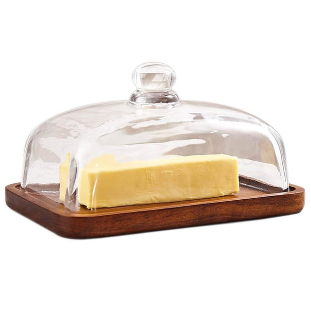 XTTAP butter dish with lid, Made of glass and Acacia wood. glass airtight lid keeps butter soft, for countertop and refrigerator. Widened design to fit all butters. Dishwasher Safe.