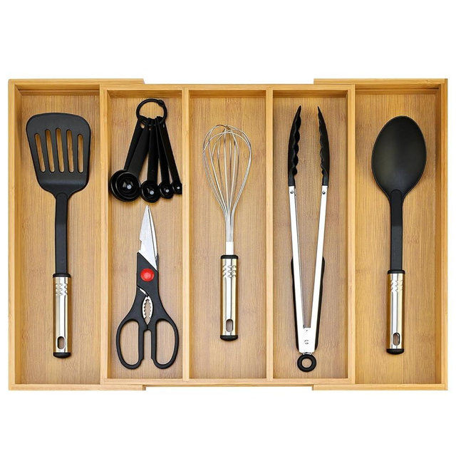 Expandable Silverware Drawer Organizer Storage Large Bamboo Kitchen Tool Utensil Organizers Divider Cutlery Tray Adjustable Flatware Drawer Organizer for Spoon Spatula Cooking Utensils Holder Tray
