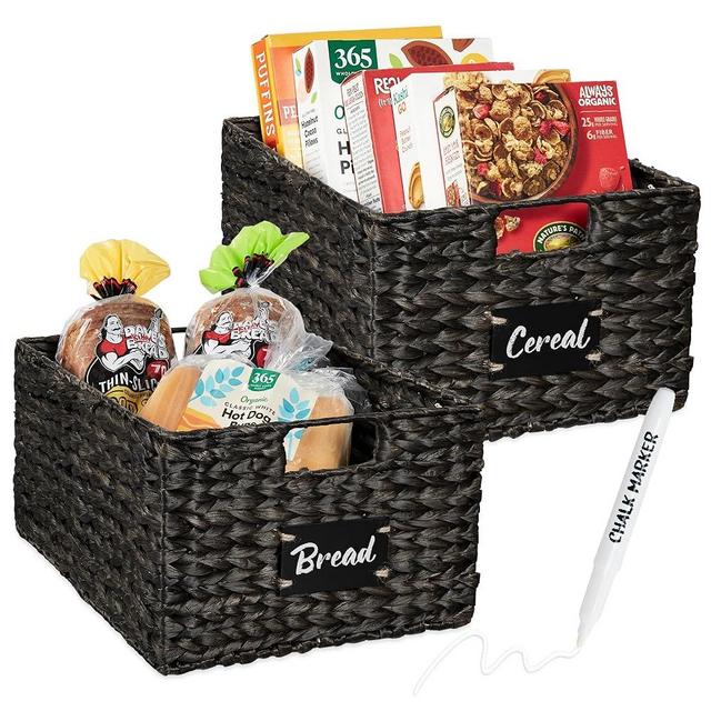 Best Choice Products Pantry Baskets Set of 2 16x12in Water Hyacinth Storage Baskets, Woven Wicker Kitchen Organizers with handles w/Chalkboard Label Chalk Marker - Black