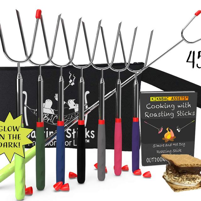 KBA Marshmallow Roasting Sticks 45&quot; Long | Set of 8 | Telescoping Smores Sticks for Fire Pit 6 Colors and 2 Glow in The Dark, Kids Camping Accessories Kit with E-Book for Campfire Cooking Fun