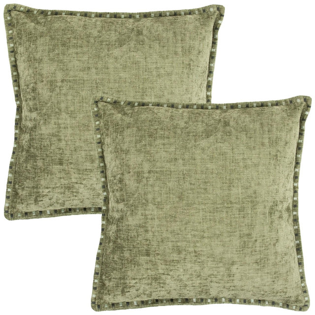 Northlight Chenille Throw Pillows with Short Satin Hem Stitching - 18" x 18" - Green - Set of 2