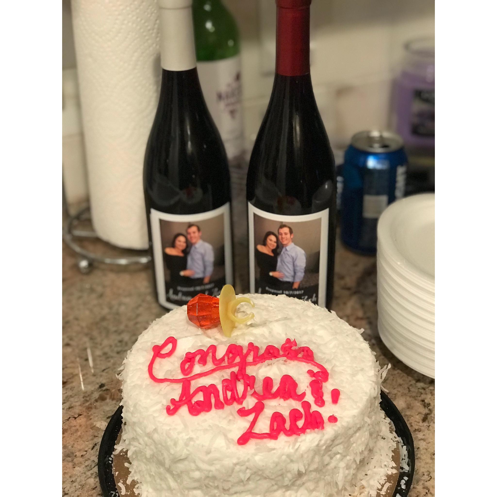 Cake and wine bottles from the engagement party
