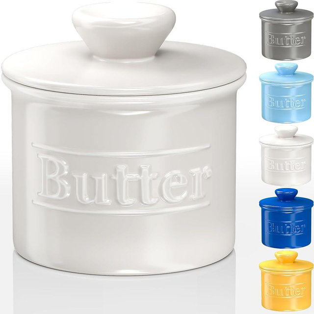 Beautiful Butter Crock for Counter with Water Line - Butter Keeper with Lid - Original French Butter Dish for Spreadable Butter - 100% Premium Ceramic - Keeps Butter Fresh and Creamy - White