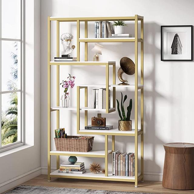 Tribesigns 8-Shelves Staggered Bookshelf, Rustic Industrial Etagere Bookcase for Office, Vintage Book Shelves Display Shelf Organizer for Home Garden (Gold)