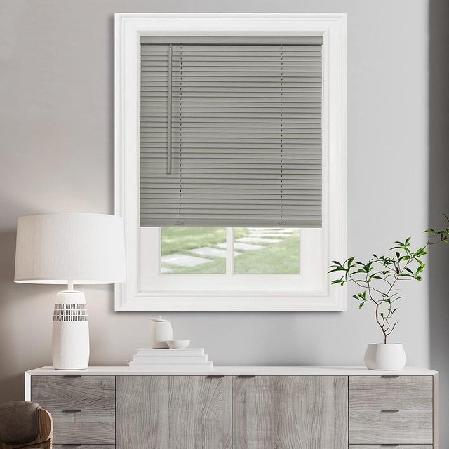 Cordless Light Filtering Mini Blind - 27 Inch Width, 64 Inch Length, 1" Slat Size - Grey - Cordless GII Morningstar Horizontal Windows Blinds for Interior by Achim Home Decor