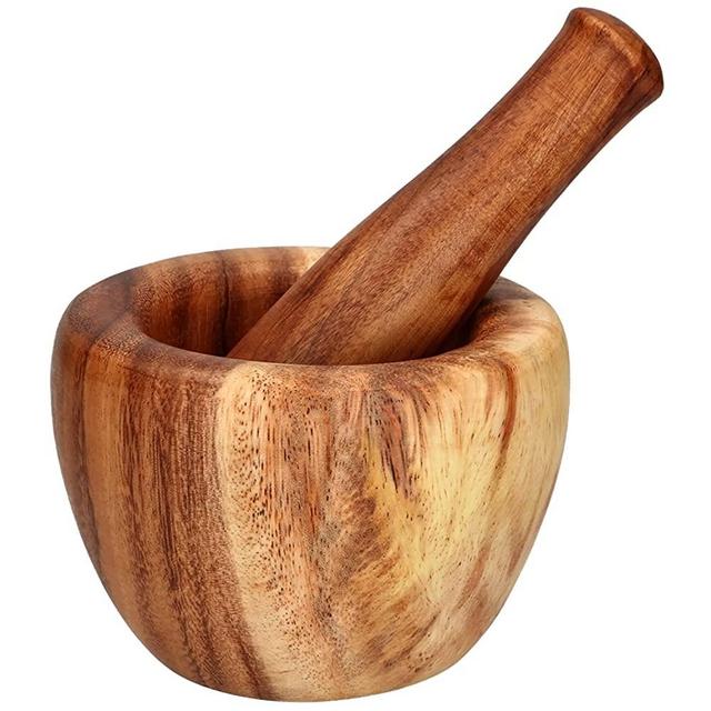 MAKOLO Acacia Wood Mortar and Pestle for Garlic Pepper Herb Spice Grinder Crusher Wooden Guacamole Natural Bowl Cooking Seasoning Grinding Hardwood Kitchen Small Set 4.75 Inch