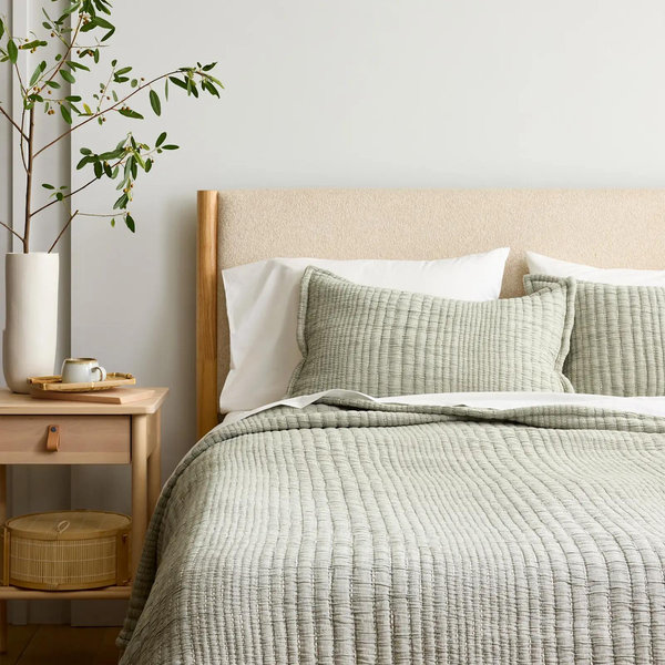 Organic Cotton Channel Stitch Coverlet Set - Green, King/Cal King