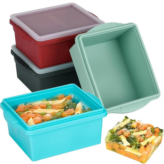 Xomoo 2 Cup Silicone Freezer Trays with Lids, Silicone Soup Freezer Molds - Leakproof, BPA-Free, Stackable, Microwave & Dishwasher Safe, Perfect for Soups, Sauces, Meal Prep, and Baked Goods - 4 Pack