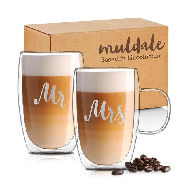 Muldale Mr and Mrs Coffee Mugs Set of 2 Clear Glass - His and Hers Double Walled Latte Glasses 14.5 oz - Wedding Gifts for Newlyweds Couples - Large Insulated Glass Thick Cups for Husband and Wife