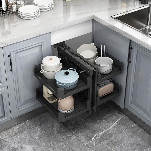 EESHHA Kitchen Organizer Blind Corner Cabinet Pull Out Organizer, Corner Kitchen Cabinet Pull Out Storage Rack Shelf 4 Aluminium Basket Corner Optimizer Pull Out Completely, Left Or Right Handed Open
